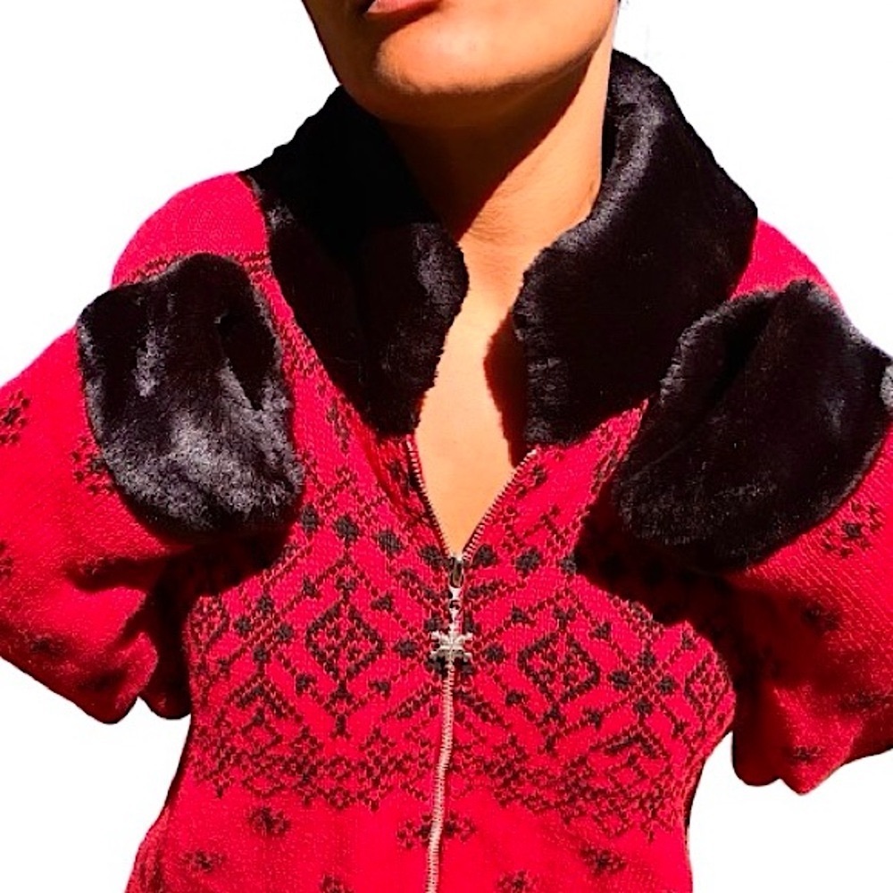 {Acorn} Red Knit Zip-Up Holiday Sweater Cardigan with Faux Fur Collar & Cuffs
